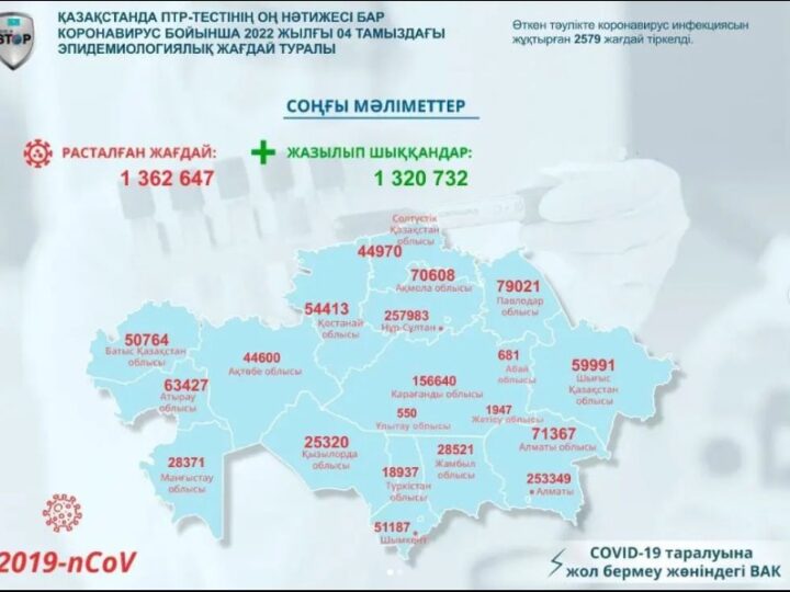 Қазақстанда ПТР-тестінің оң нәтижесі бар коронавирус бойынша 2022 жылғы 4 тамыздағы эпидемиологиялық жағдай туралы