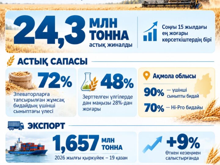 Қазақстан 2026 жылы 24,3 млн тонна астық жинады. Бұл — соңғы 15 жылдағы ең жоғары нәтижелердің бірі. Астық сапасы мен экспорт көрсеткіштері — инфографикада